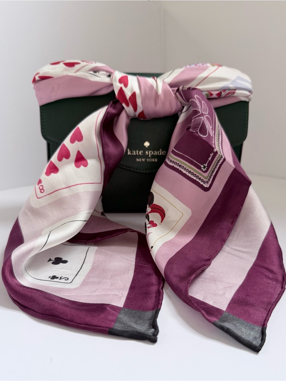 NWT Kate Spade Playing Cards Silk Square Scarf | Pink & Burgundy | 40" x 40"